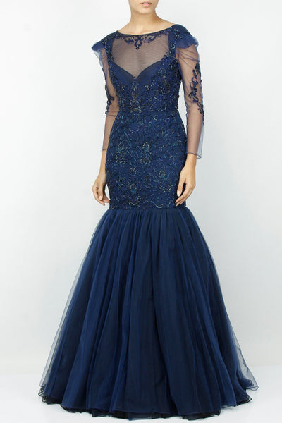 Blue color mermaid embroidered gown – Panache Haute Couture