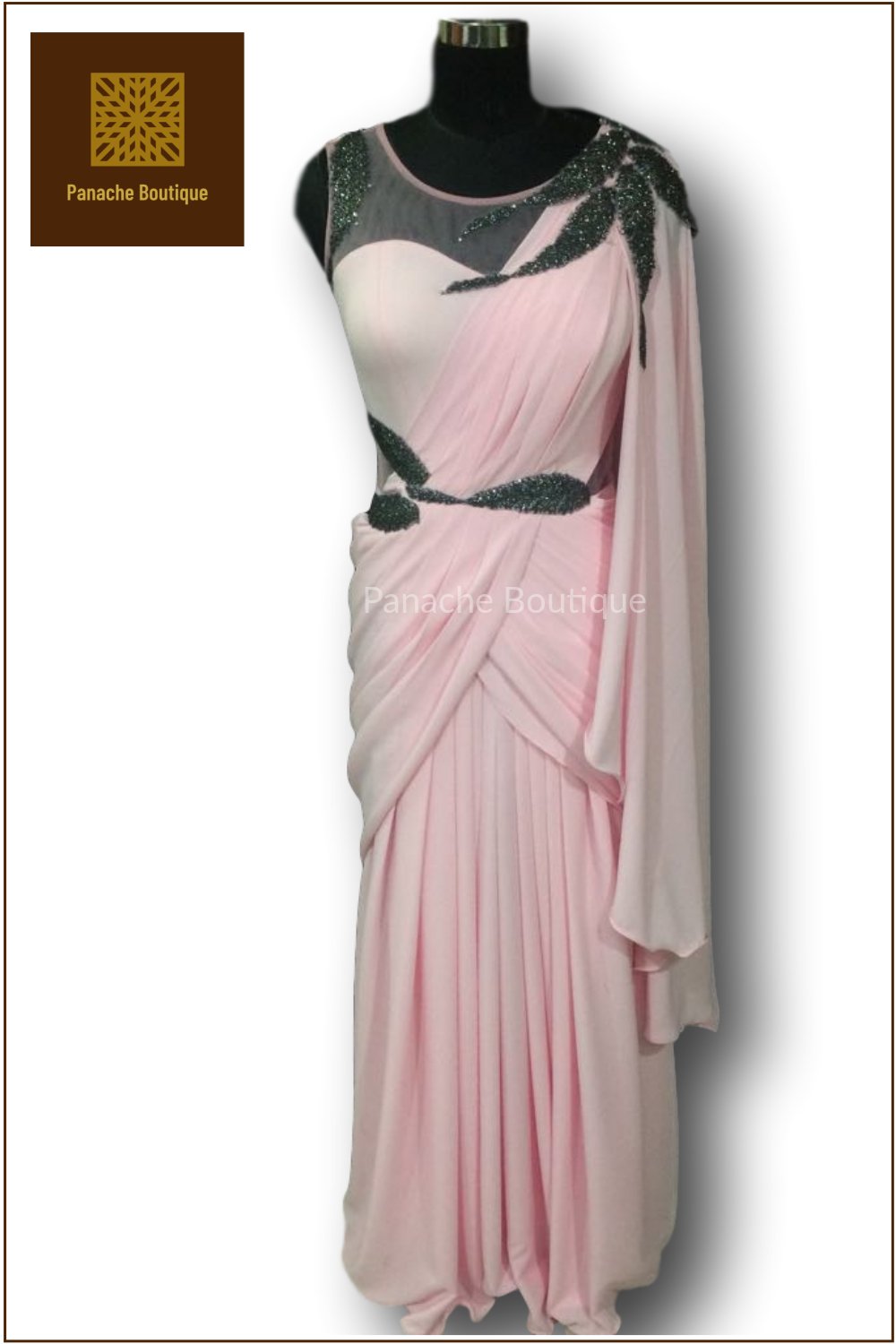 Customizable Cool Baby Pink Saree Gown – Panache Haute Couture