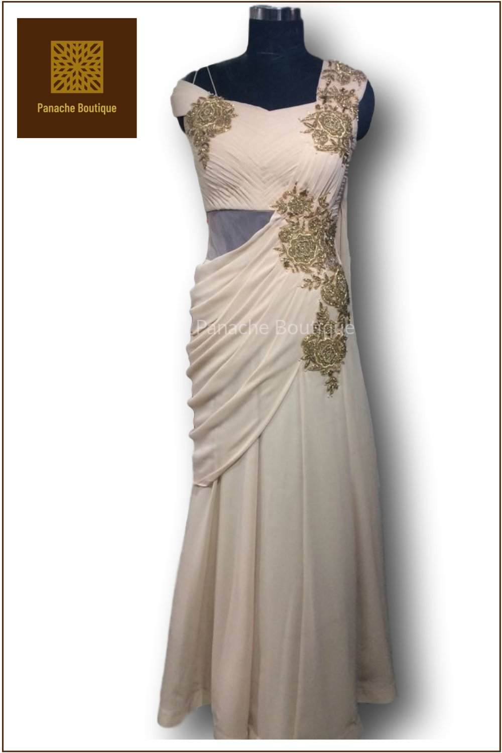 Hand Embroidered Georgette Beige Colour Saree Gown – Panache Haute ...