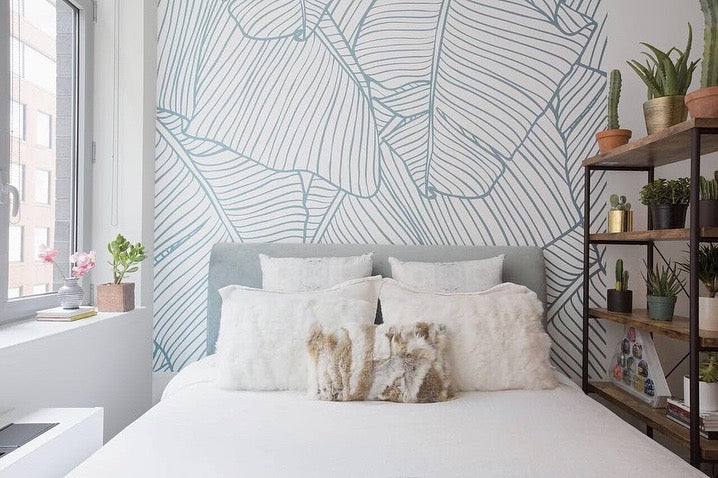 Bedroom Scene with Palms in White Wallpaper
