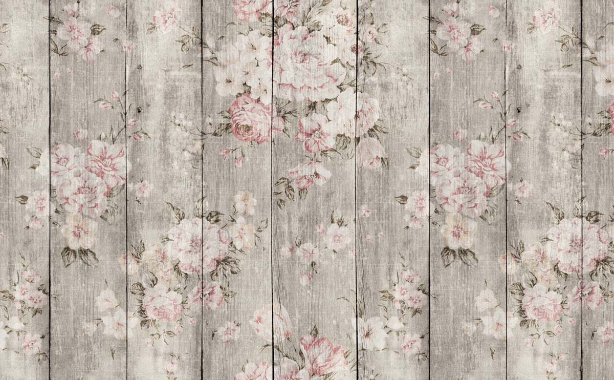 Vintage Boards With Flowers Wallpaper for Walls | Wood Texture Floral