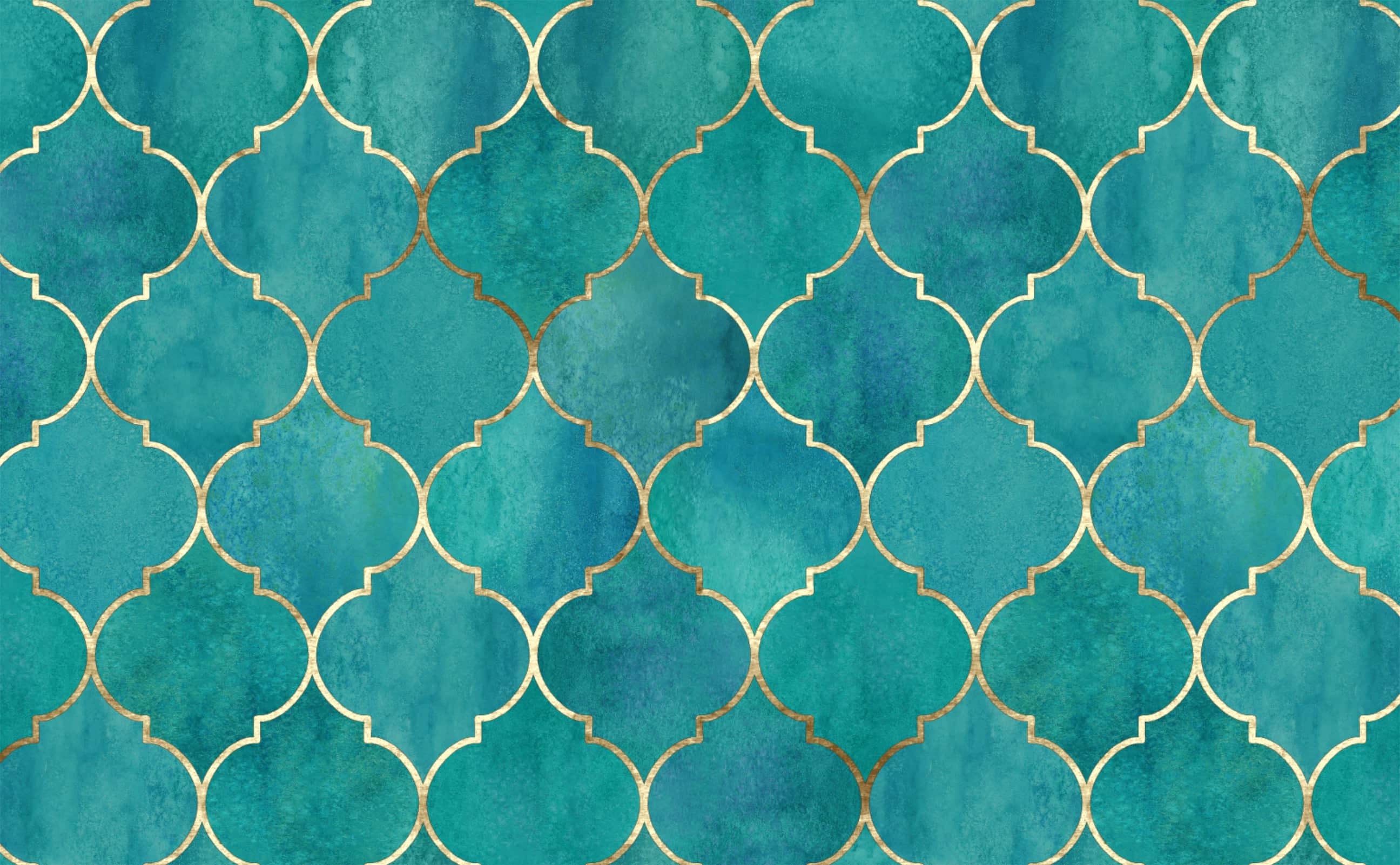 Turquoise Blue Watercolor With Vintage Golden Moroccan Pattern Wallpaper For Walls Adrift