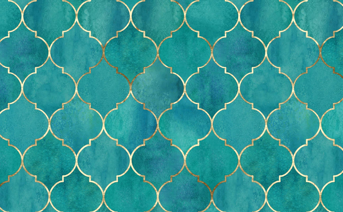 Turquoise Blue Watercolor with Vintage Golden Moroccan Pattern ...