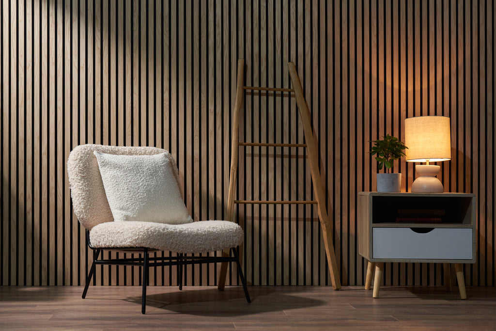 Slat wall paneling in living room environment
