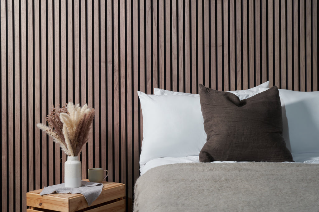 Slatted wall panels used as a headboard