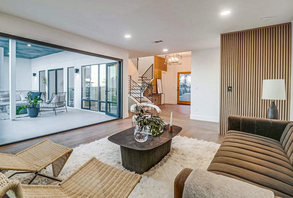 Modern living room with oak slat panel install.
