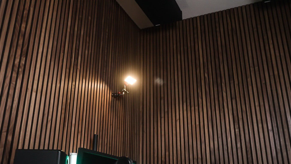 Wood wall paneling in office environment