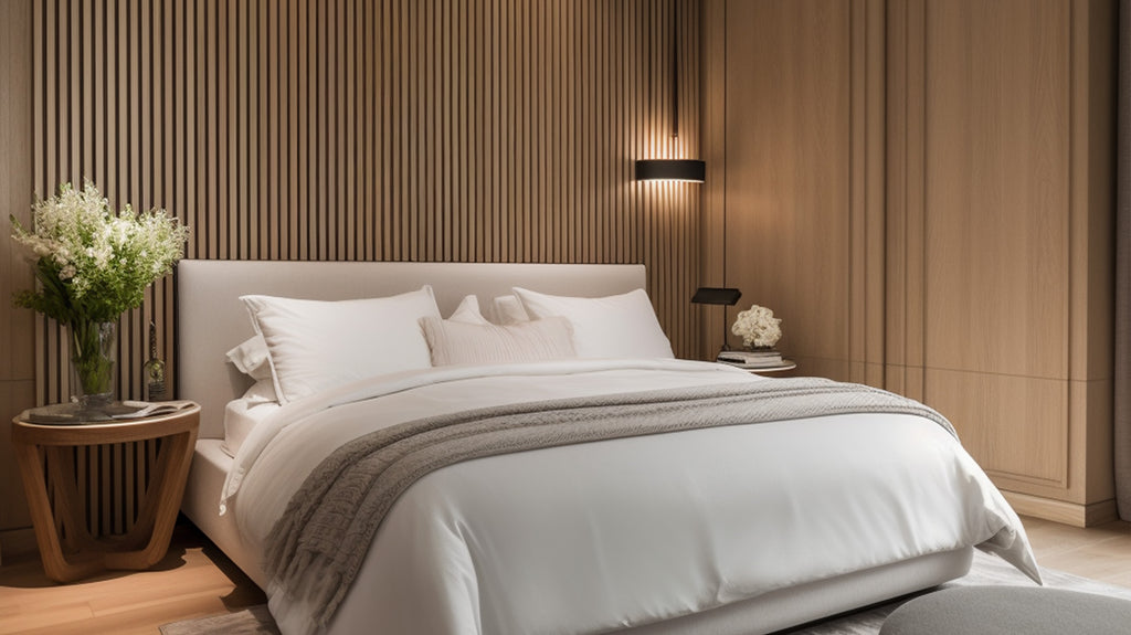 Modern hotel using wood wall paneling behind bed