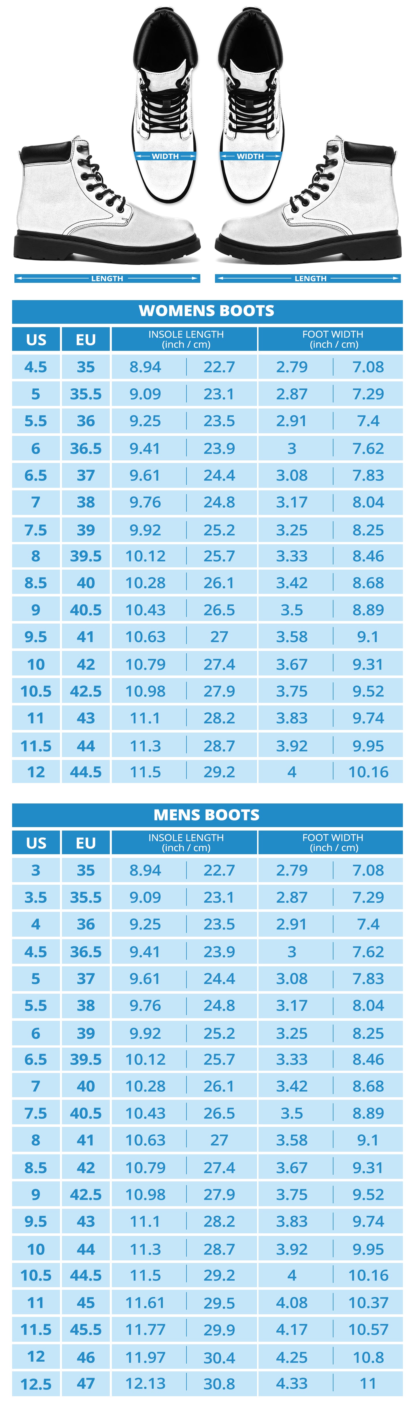 All Season Boots Size Chart