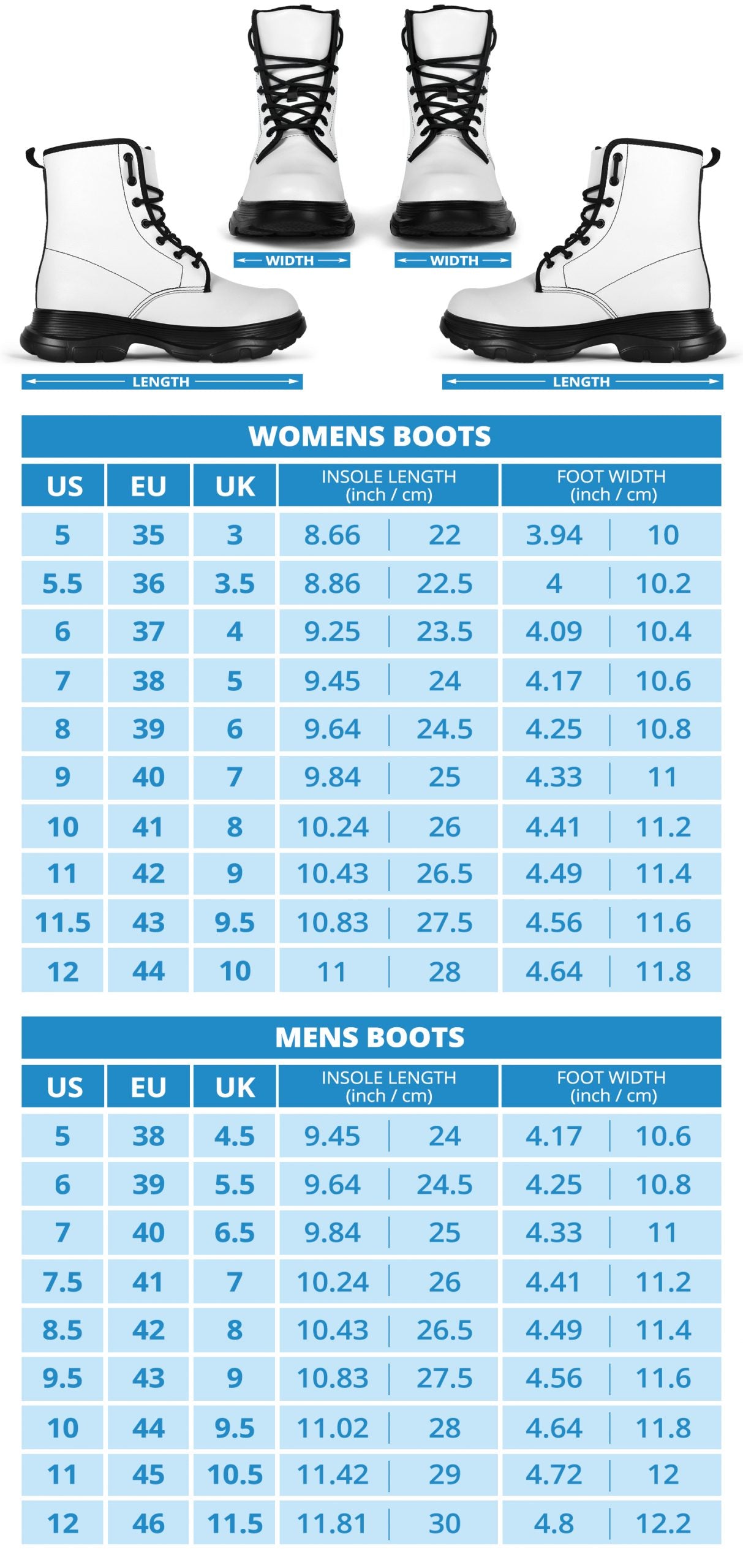 Chunky Boots Sizing Chart