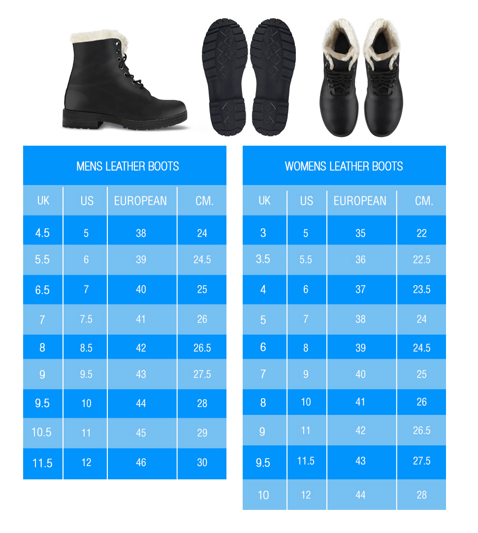 Faux Fur Leather Boots sizing chart