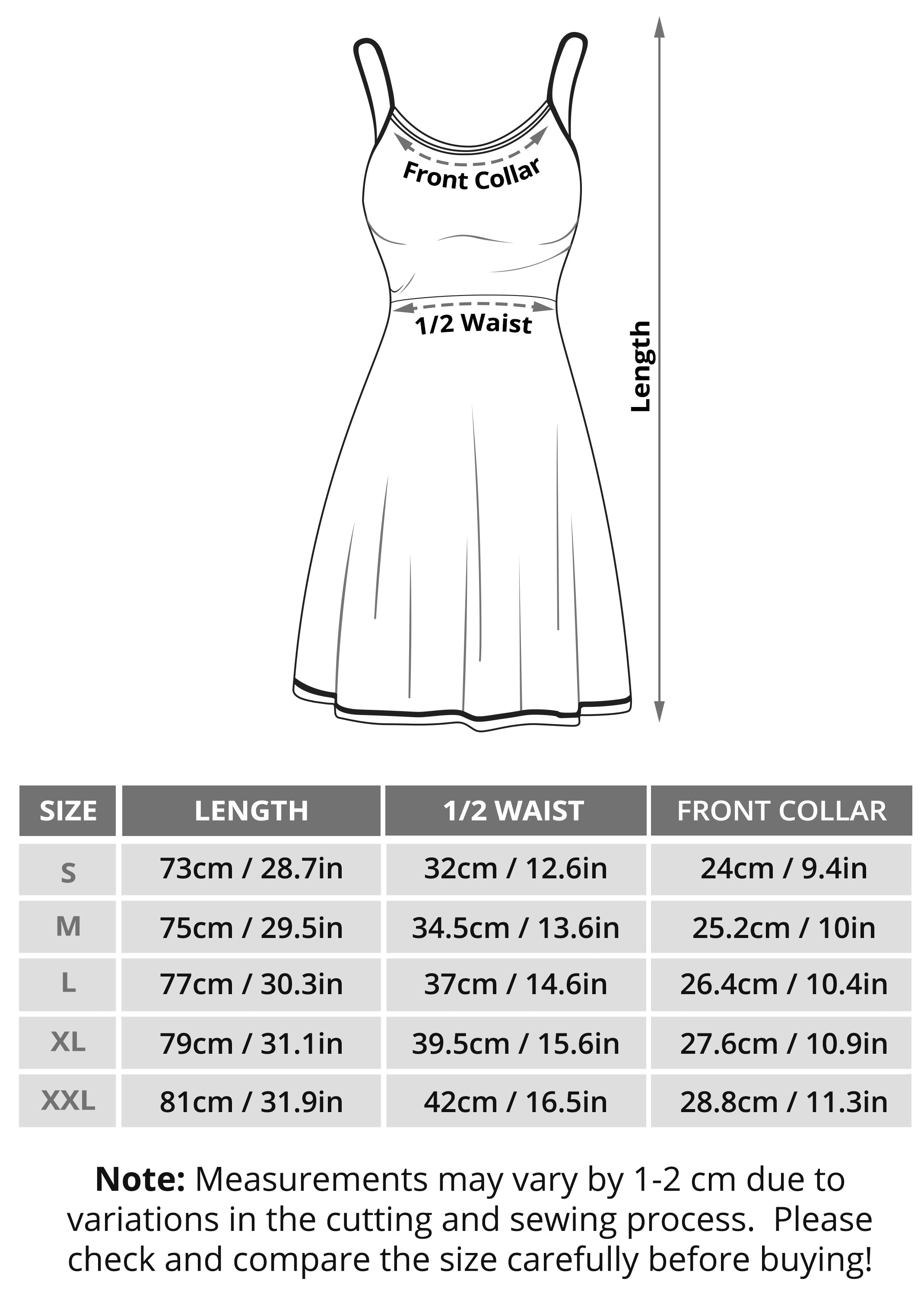 Sling dress size chart