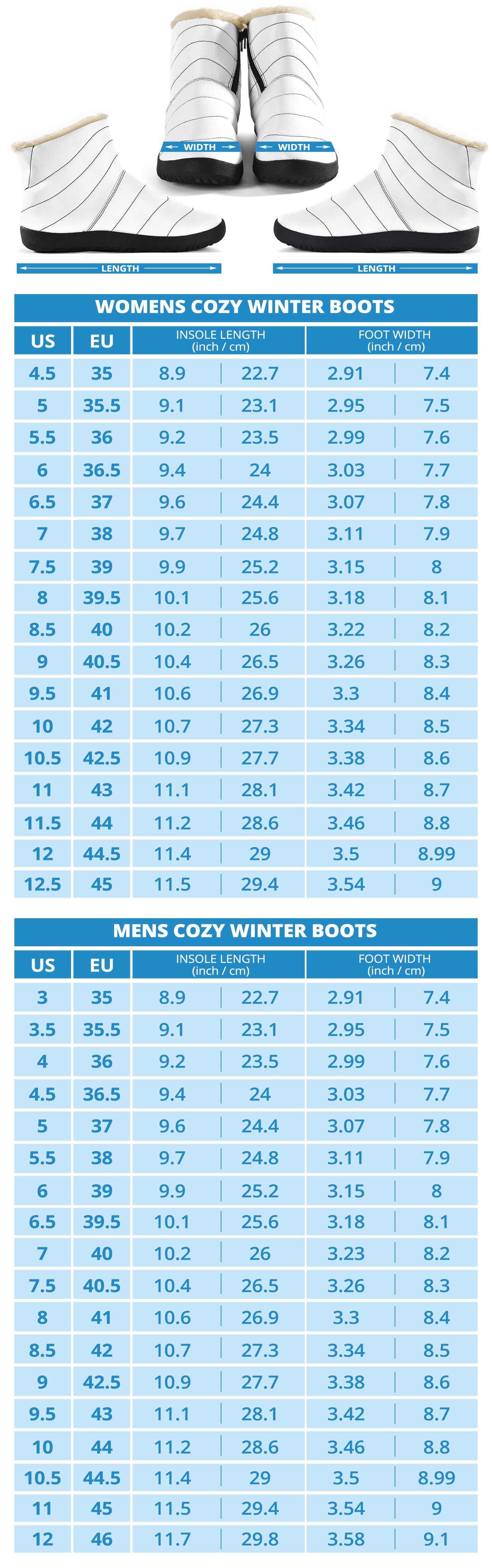 Cozy Winter Boots Size Chart