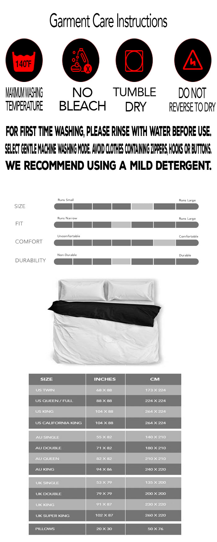 bedding sets sizing chart