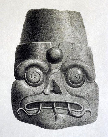 Drawing of a grotesque Mayan stone mask by Frederick de Valdecca from "A Pictorial and Archaeological Journey to the Province of Yucatán," published in 1838 (University of Cincinnati Library).