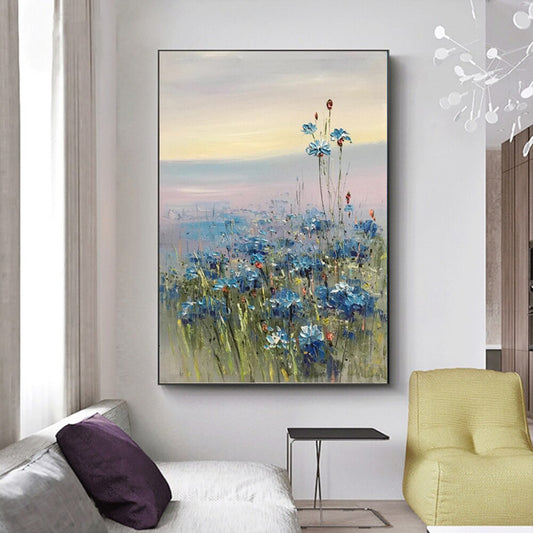 Abstract gold, green and blue landscape painting on canvas