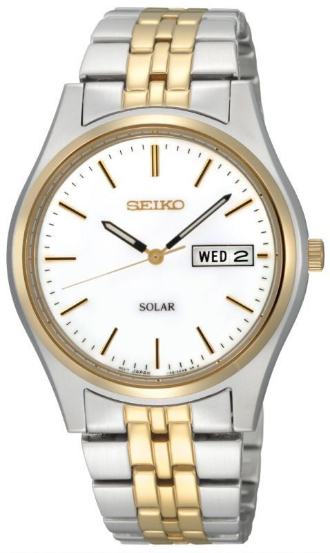 SEIKO MENS TWO TONE SOLAR DAY DATE BRACELET WATCH SNE032P1 – Robert  Openshaw Fine Jewellery