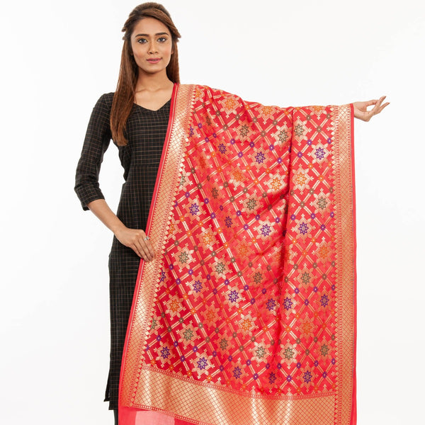 Coral Colour Gold Floral Print Katan Silk Type Banarasi Dupatta -  SourceItRight