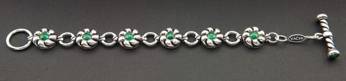 WOMEN'S STERLING SILVER TOGGLE BRACELET WITH MALACHITE SET IN FLOWERS