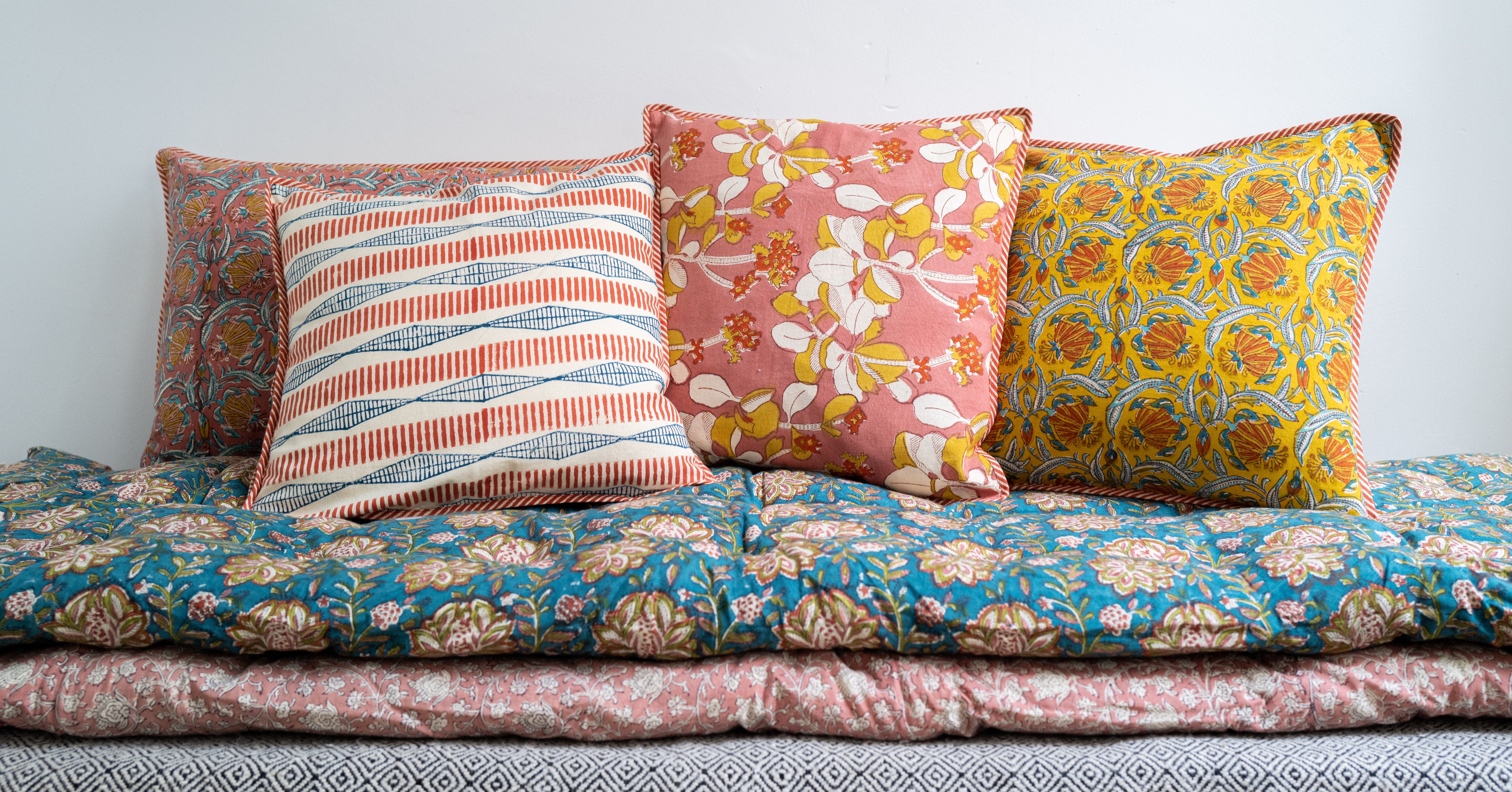 Blockprint cushions, made by Jamini, Paris, available on Storieshop.com