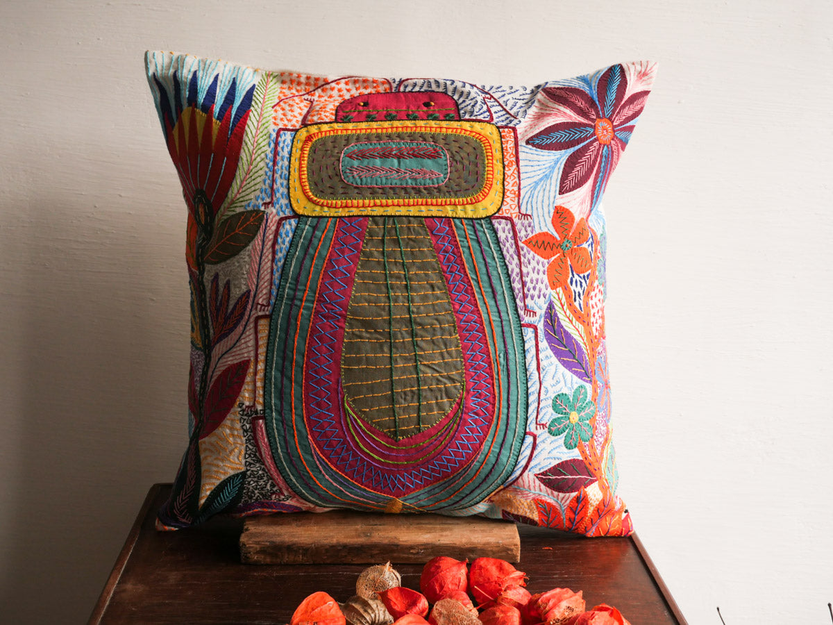 Noble Bug embroidered cushion, hand made in South Africa for Storie