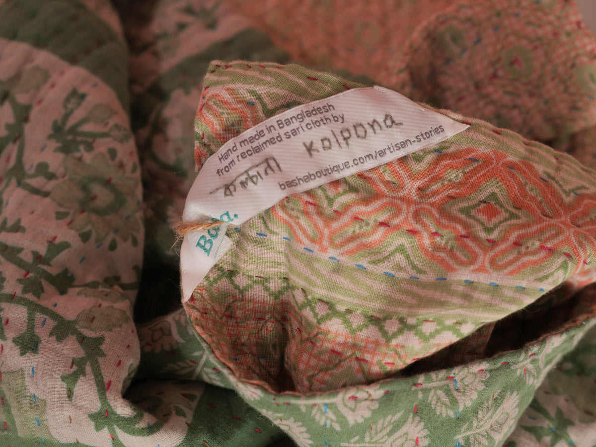 A kantha, signed by the woman who made it, Basha, Bangladesh