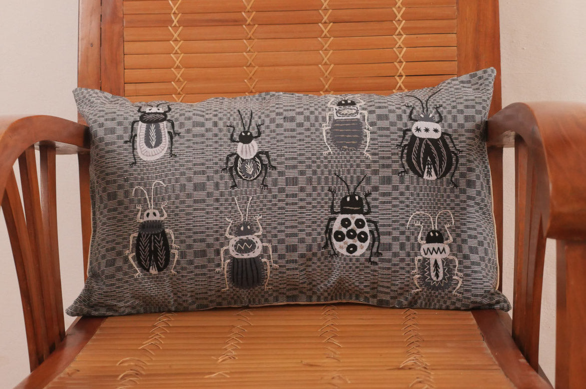 Insect embroidered cushion on Binakol cloth, a one of a kind piece for Storie