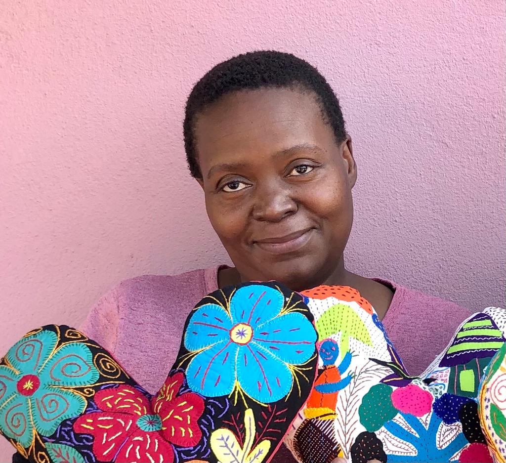 Ntsaphokazi, embroidery artisan at Heartworks in South Africa