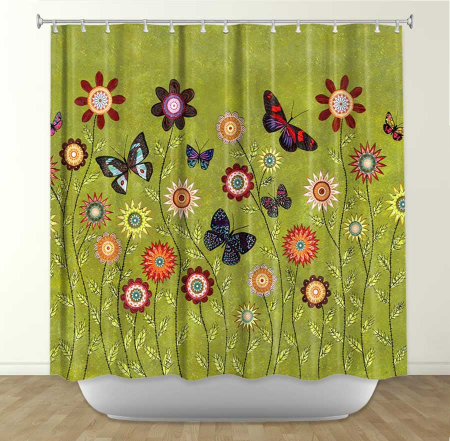 yellow and green shower curtain