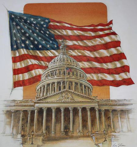 "U.S. Flag Behind Capitol" by Ron Sloan, Mixed Media Painting on Illustration Board, 1985