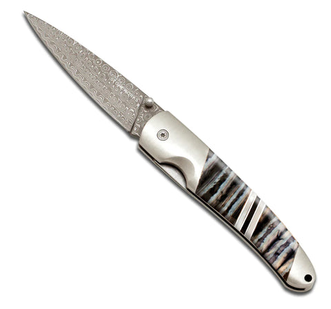 Woolly Mammoth Tooth 4" Damascus Steel Double Sided Linerlock Knife