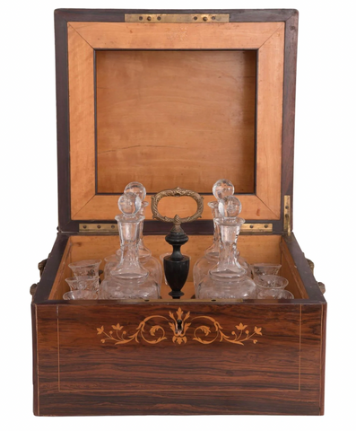 Vintage Tantalus in Inlaid Rosewood Box, circa 1840-50