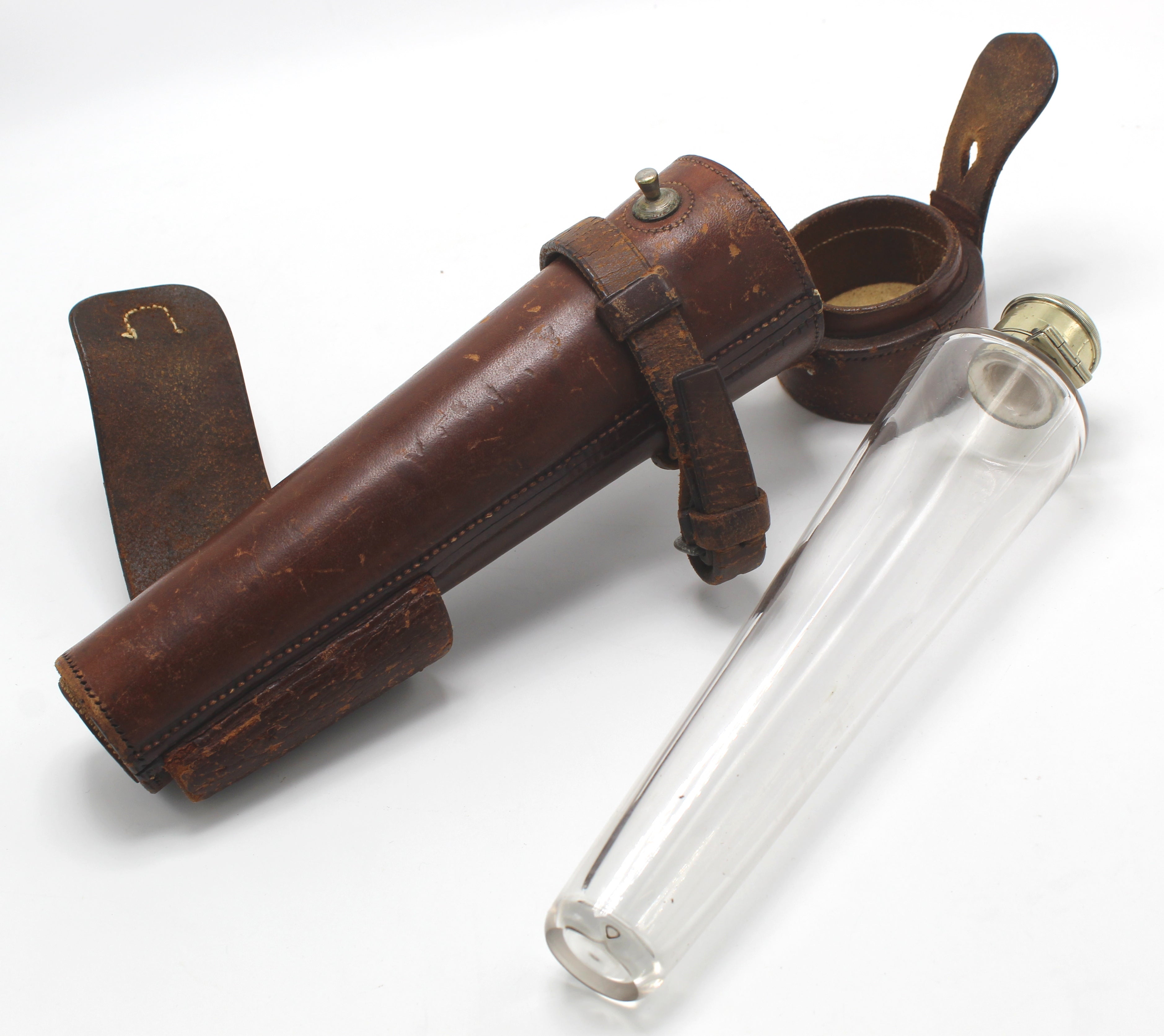 Antique Riding Hunt Flask, Brown Leather and Glass, Circa 1910