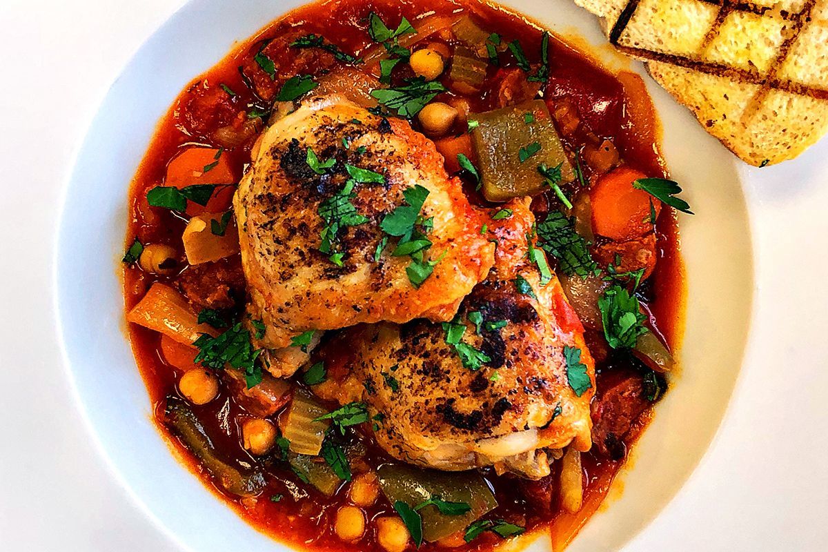 One Pot Chicken & Chorizo Casserole in a bowl