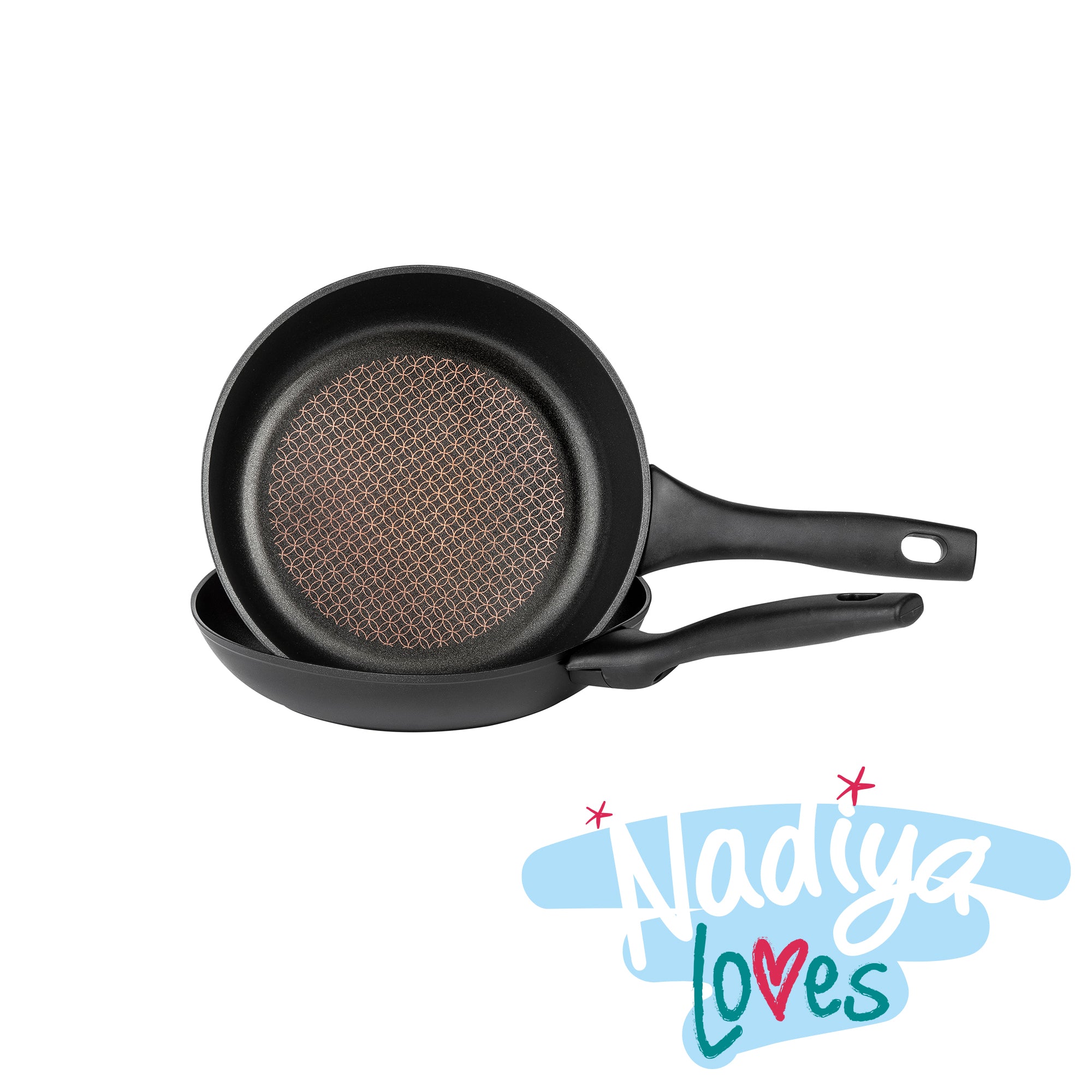 An image of Nadiya Hussain Stackable Non-stick Frying Pan Set with Multi-size Lid