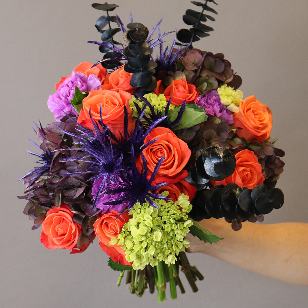 Black, Orange, and Violet Halloween Wooden Rose Flower Bouquet