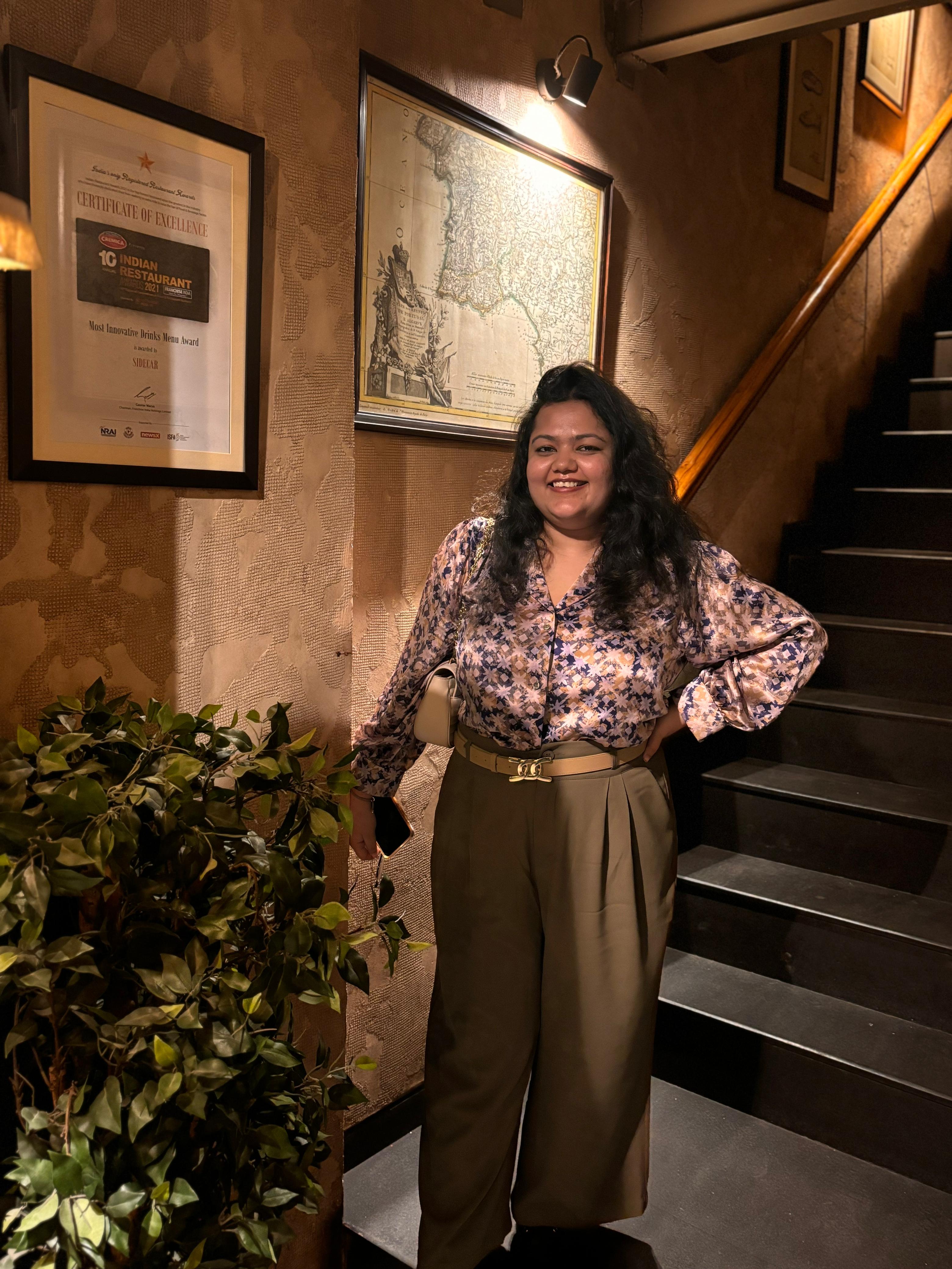 Sonali Agarwal at Sidecar in bespoke Helios shirt