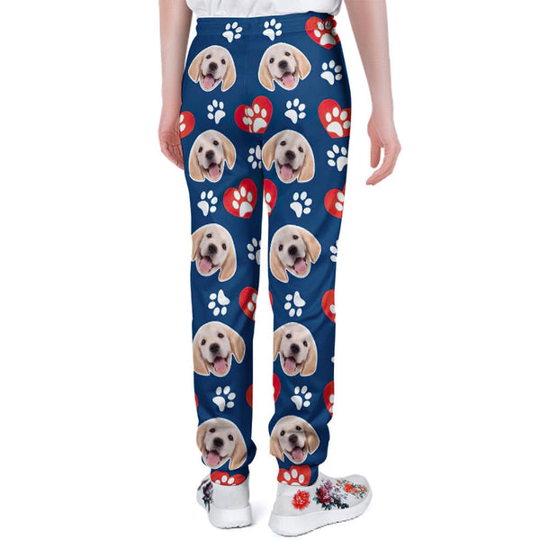 Custom Dog Face Sweatpants Unisex Joggers with Heart Pattern Paw