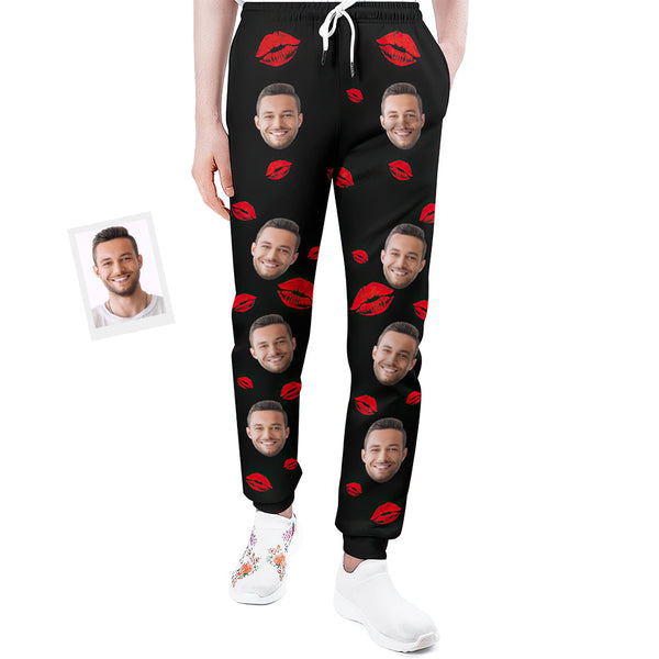 Custom Face Sweatpants Unisex Personalised Closed Bottom Casual Sweatpants Red Lips