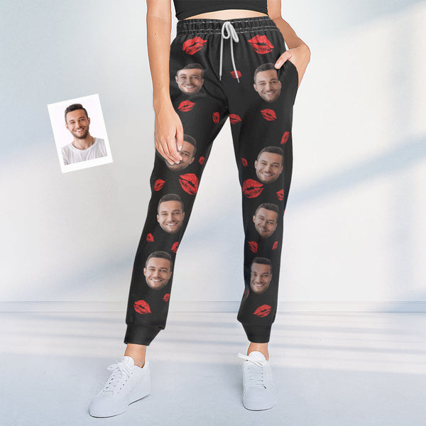 Custom Face Sweatpants Unisex Personalised Closed Bottom Casual Sweatpants Red Lips