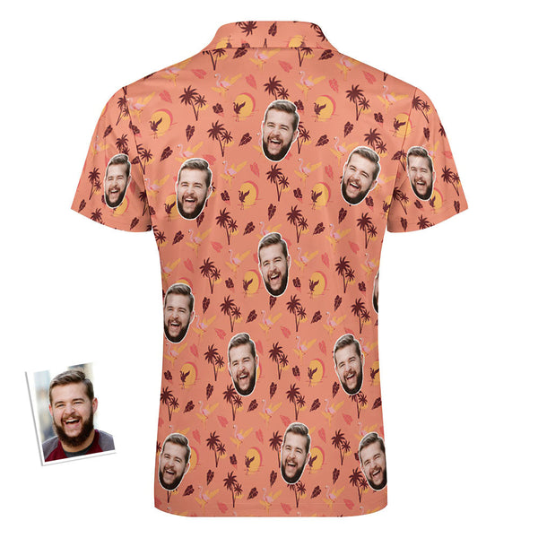 Custom Flamingo Tropical Sunset Men's Polo Shirt Personalised Face Funny Polo Shirt with Zipper - MyFacepajamas