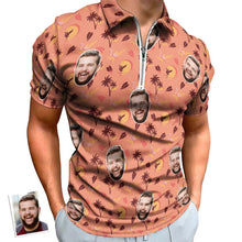 Custom Flamingo Tropical Sunset Men's Polo Shirt Personalised Face Funny Polo Shirt with Zipper - MyFacepajamas