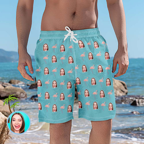 Custom Head Photo and Flamingo Blue Men's Beach Trunks