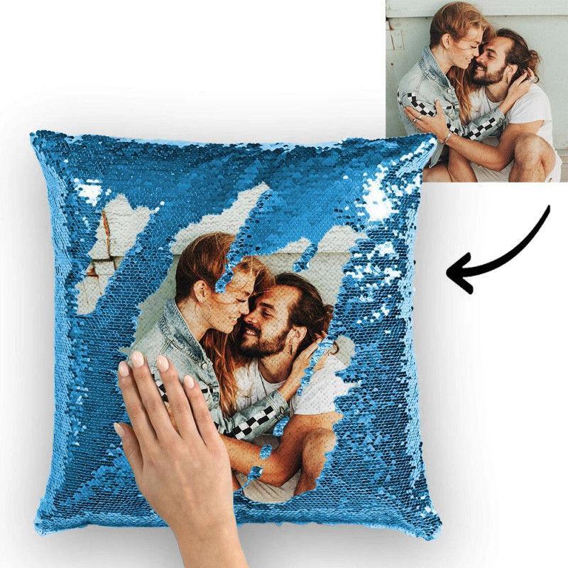 Custom Photo Magic Sequins Pillowcase Lake Blue Color Sequin Cushion 15.75inch * 15.75inch Unique Gifts