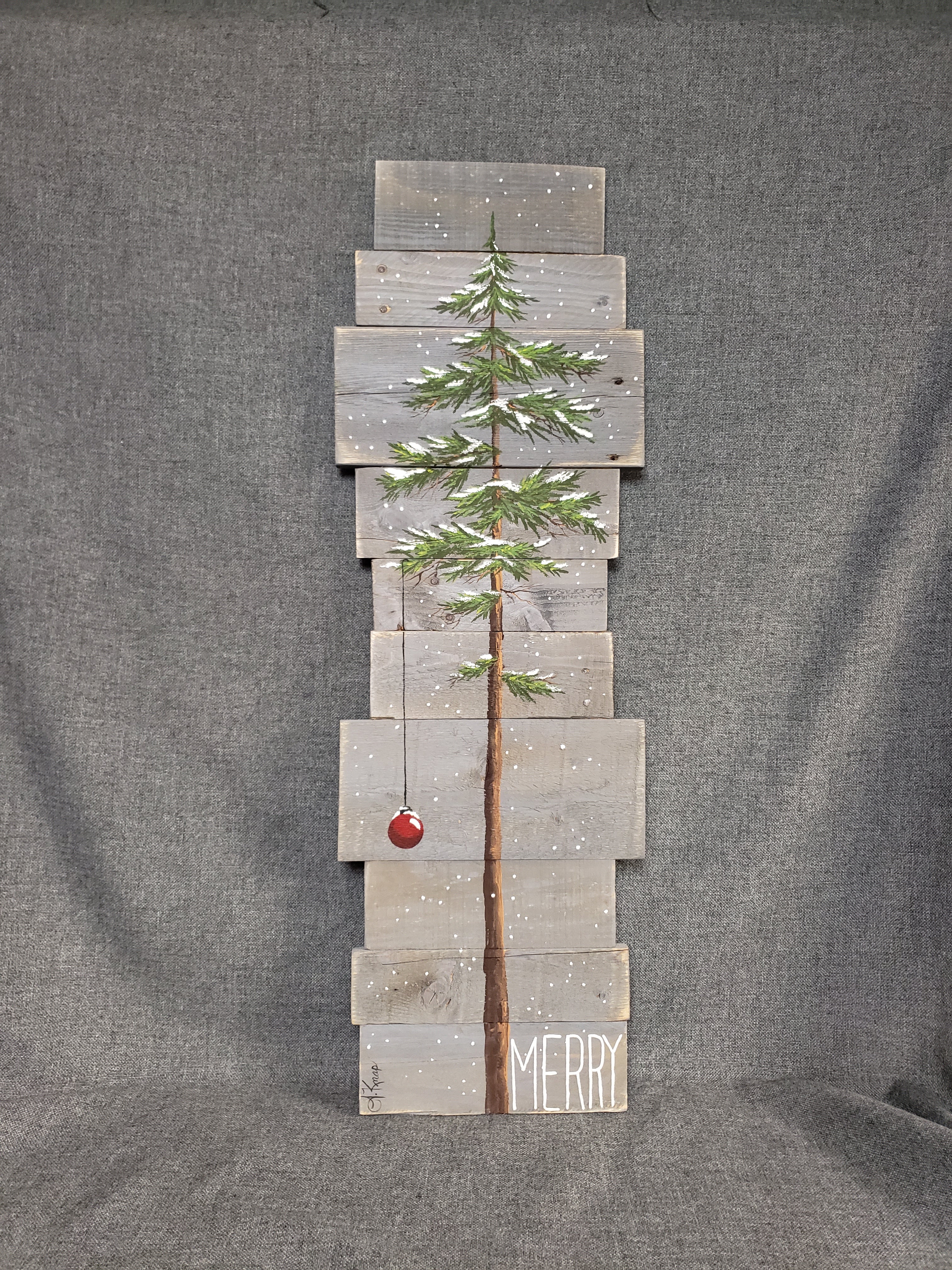 Snowy pine tree painted on pallet wood, Merry Christmas, Charlie Brown Farmhouse tree, hand painted Christmas tree