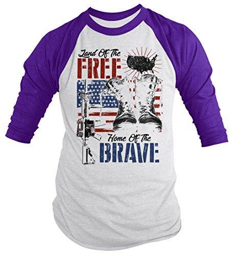 Shirts By Sarah Men's 4th July T-Shirt Land Free Home Brave Tee Soldier 3/4 Sleeve Raglan