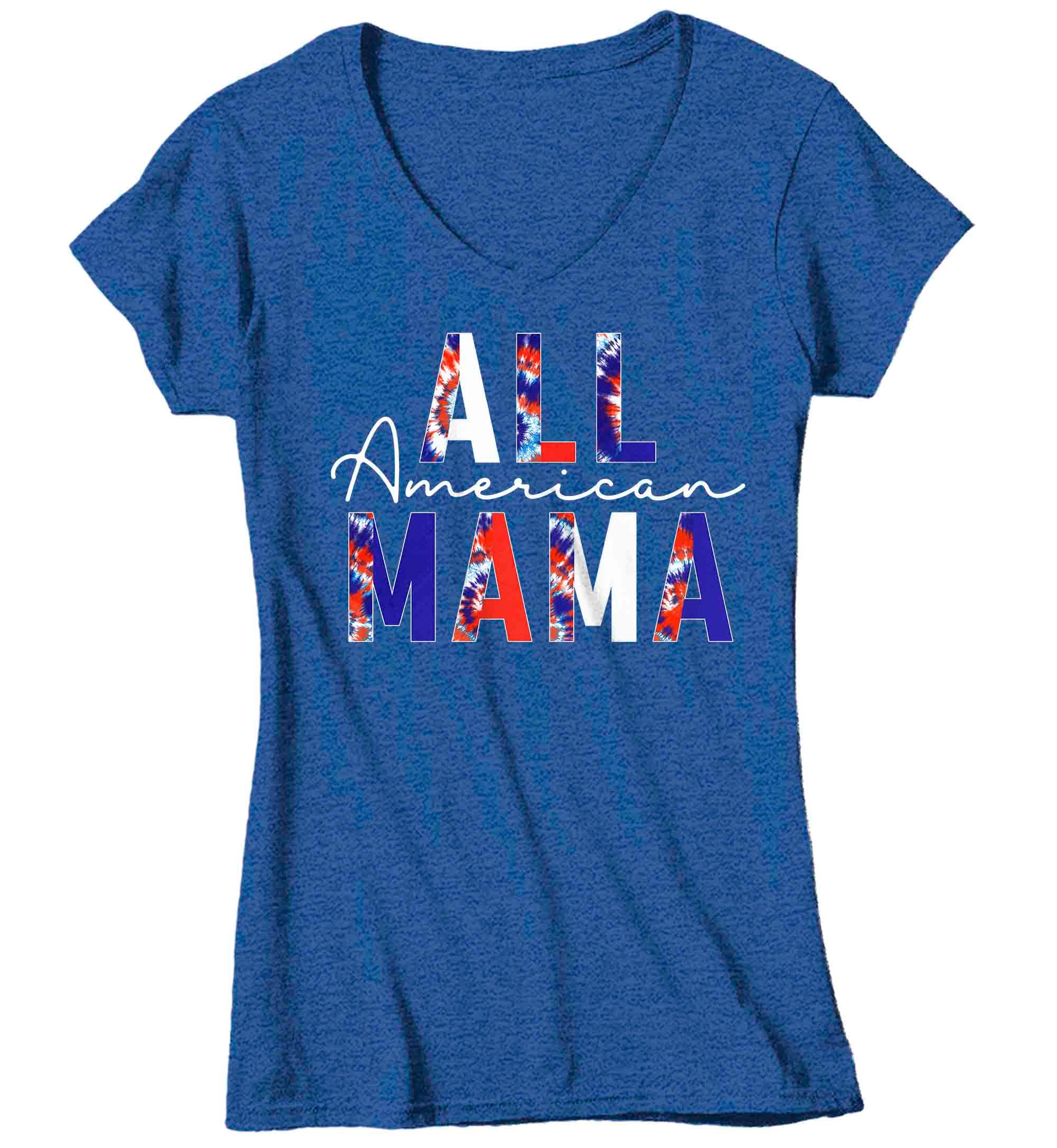 Women's V-Neck All American Mama T-Shirt 4th July Shirt Patriotic Tie Dye Pattern U.S.A. Tee Lad