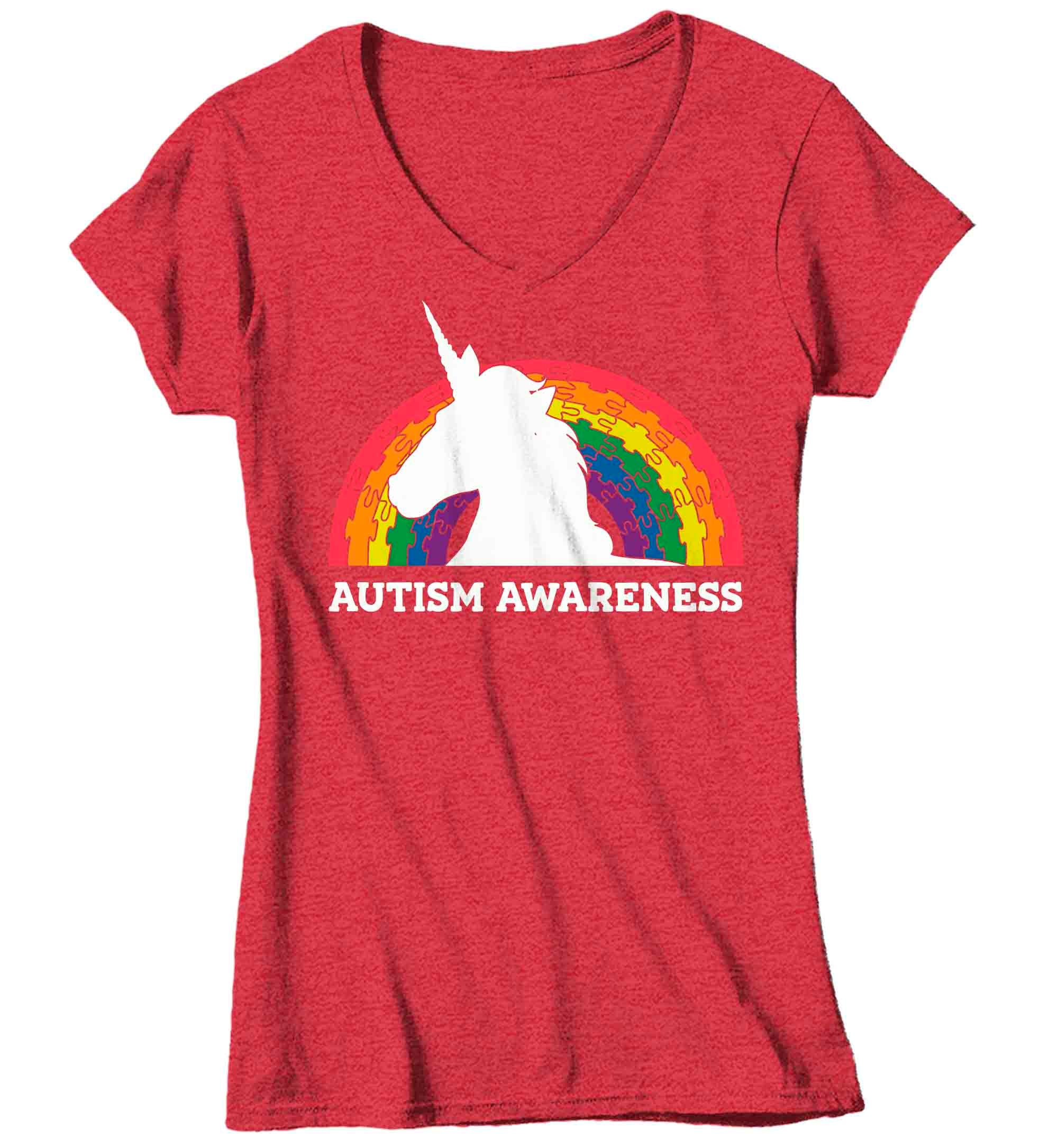 Women's V-Neck Autism Unicorn T Shirt Puzzle Rainbow Shirt Colorful Tee Autism Awareness Month A