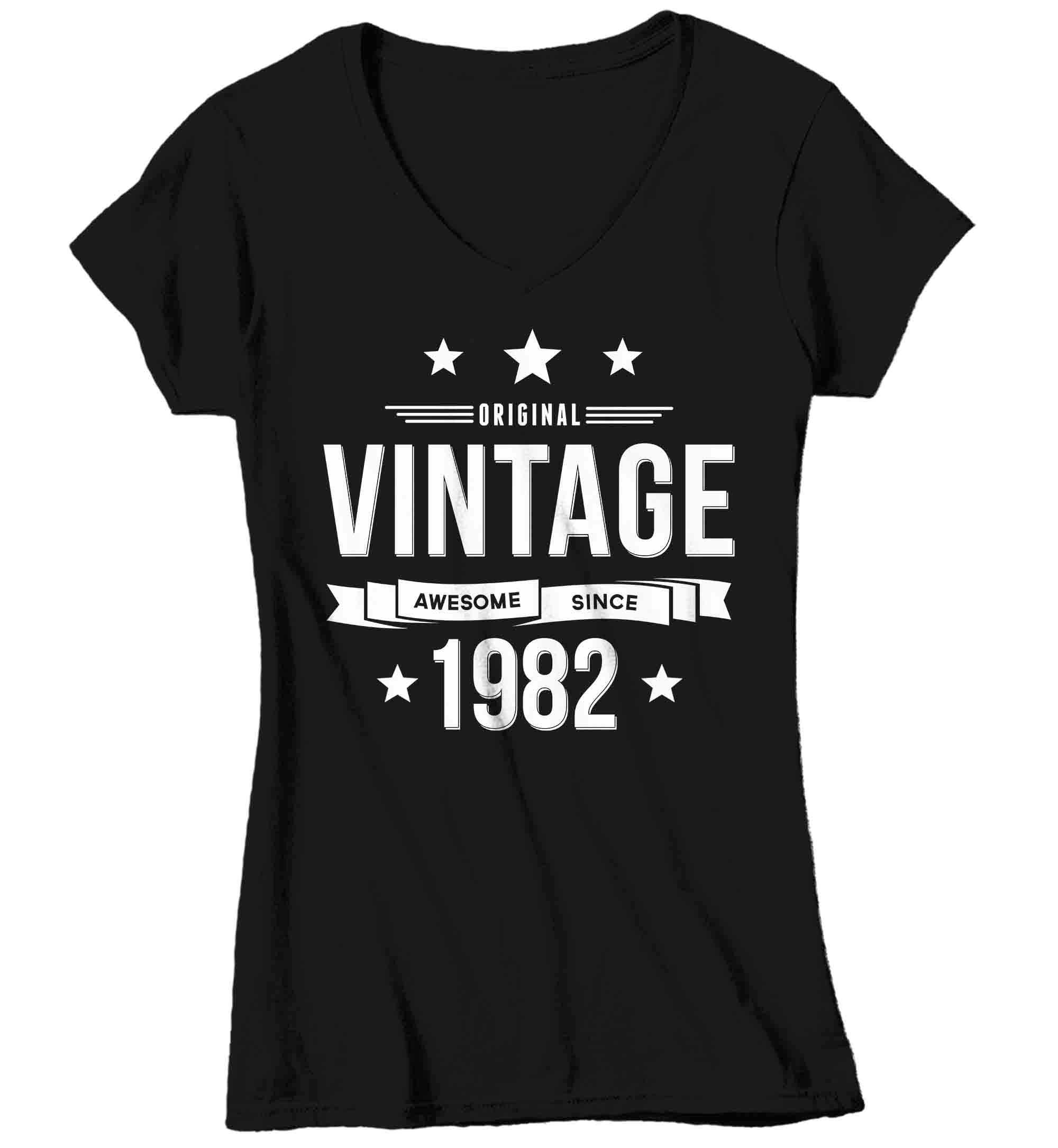 Women's V-Neck 40th Birthday Shirt Original Vintage Shirt Awesome Since 1982 Tshirt Birthday Gif