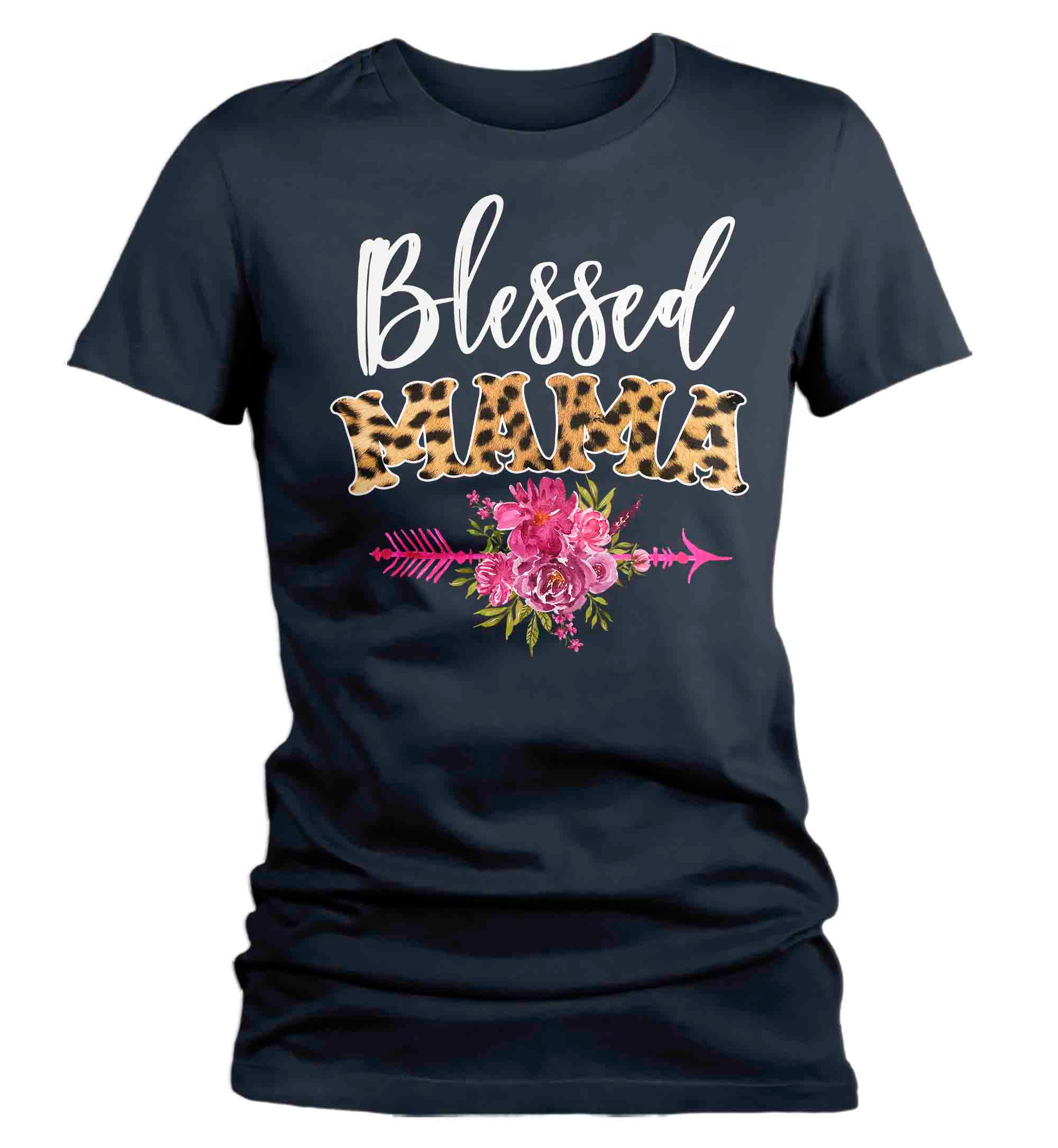 Women's Blessed Mama Shirt Mother's Day Gift Shirt For Mom Floral Boho Cheetah Animal Print 